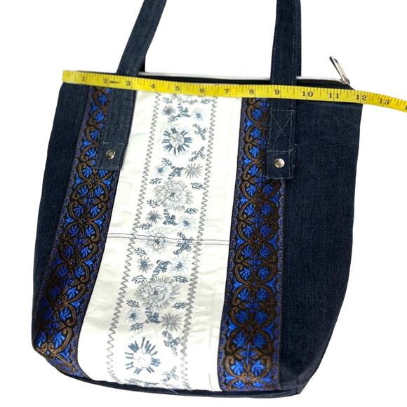 Handmade Upcycled Color Block Embroidered Shoulder Tote Bag Cotton Lined Pockets - Picture 8 of 12